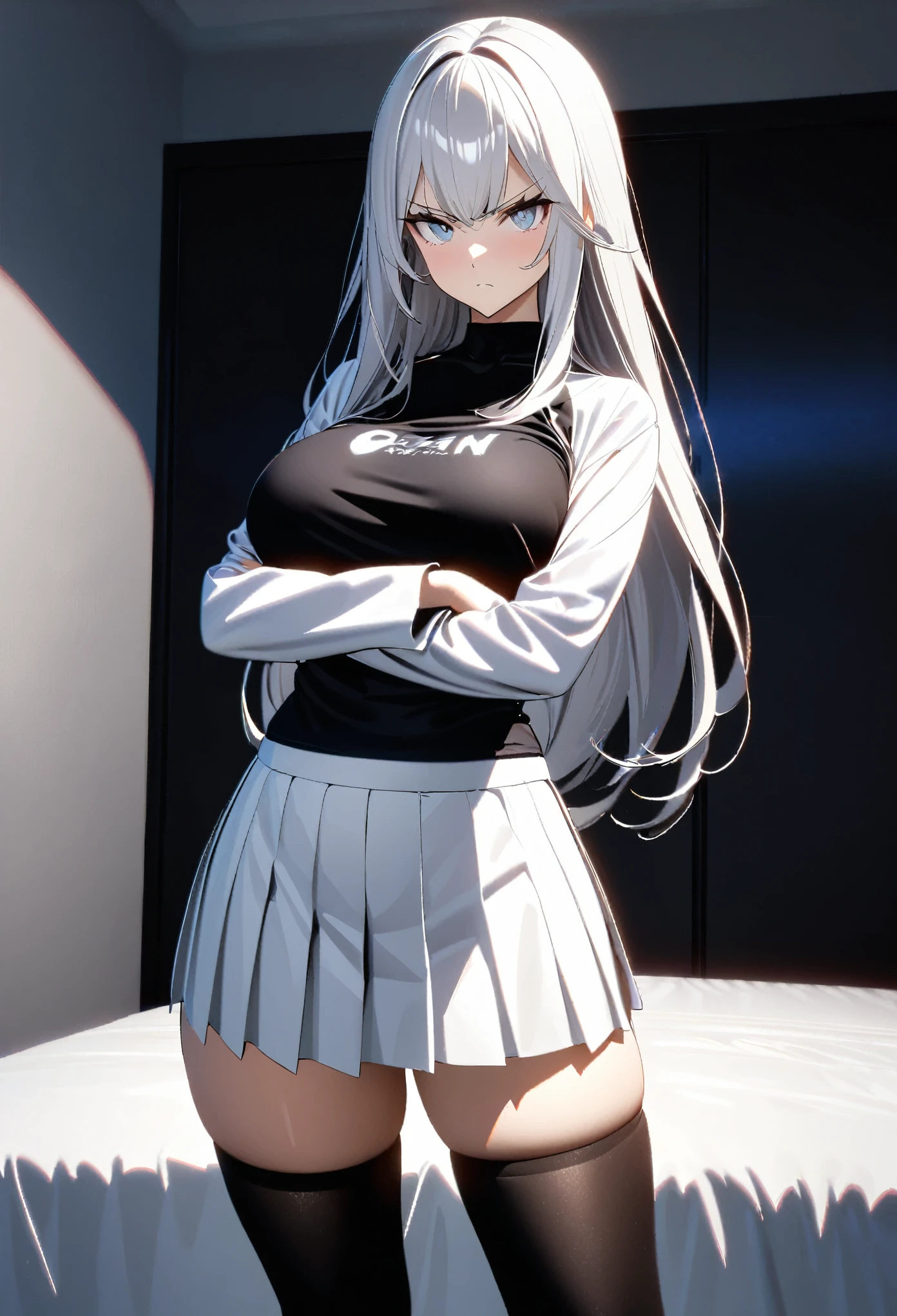 1 girl, ((Girl is curvy and slim, attractive and tall)), ((Girl has long silver hair)), ((half purple half blue eyes)), ((Girl wears a black body shirt, white jacket, short white pleated skirt, black stocking)), ((Girl is in the bedroom)), ((Girl is looking at viewer, serious, crossing arms)), 8k, ray tracing, night, zooming out