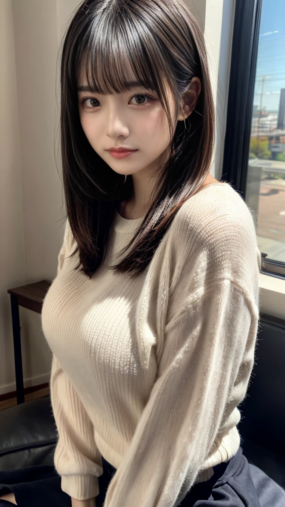 masterpiece, Best Quality, 8K, 20 yo, huge breasts, cuddly, Solo, sad, Cute, Girly, Delicate girl, Neat and clean beauty,  Raw photo, Professional Photography, Portrait, Soft light, Professional Lighting, Back lighting, Upper body, front view, Sophisticated, Film grain, (Eyes and faces with detailed:1.0), short length floating hair, beautiful flowing hair, bangs, Thermal Lounge Shirt