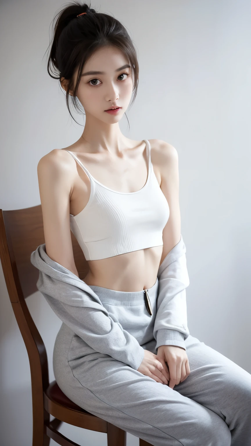 (Photorealistic),(Masterpiece),(ultra-detailed),a very close shot of very beautiful and tall but so delicate and weak and thin and fragile and slender because she hasn’t eaten for a month,wearing a loose crop hoodie and loose sweat pants ,have absolutely no fat or muscles, quite tall but very small and feeble and fragile body frame and figure,enduring extreme hunger,big eyes and very small face,about to faint but resisting,extremely severely malnourished,trying to stay positive,really thin legs and waist thin as arms,hunger in eyes, sitting on a chair,can see all her bones, stomach carved inwards 