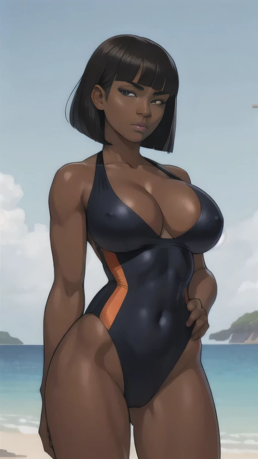 ((highest quality)), (tmasterpiece,A high resolution,best qualtiy:1.2),8K, (detailed), Perfect Face,bob hair ,blunt bangs,dark skin, large breasts, cleavage, one-piece swimsuit, cowboy shot, No expression