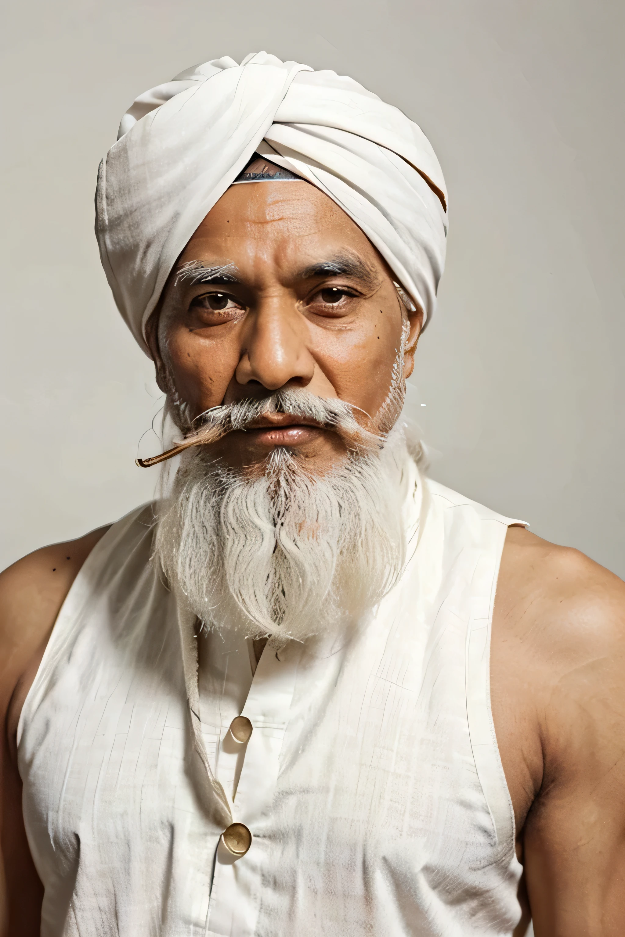 Old Indian man wearing a Gujarati style turban wearing white kurta with wide white moustache and white beard it should be funny looking