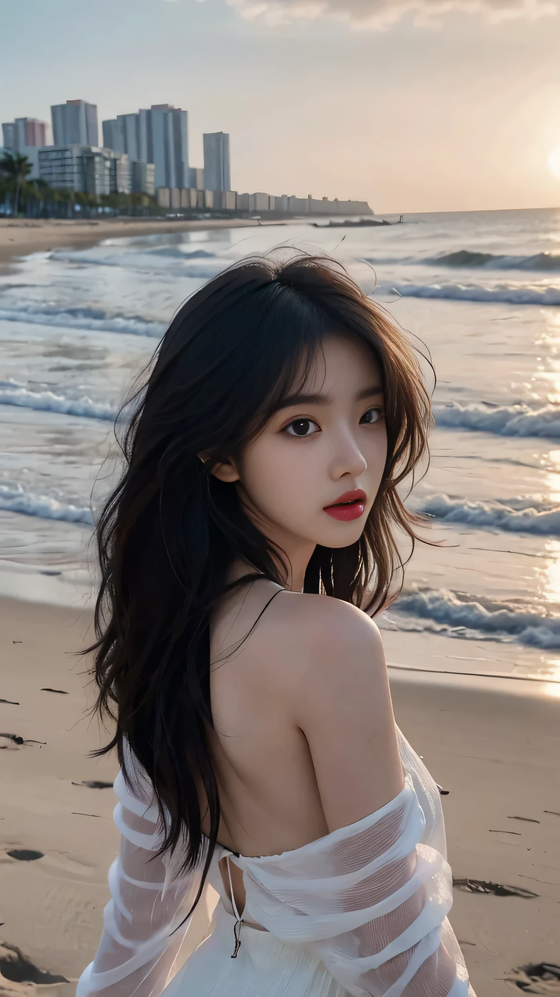 best quality, masterpiece, ultra high resolution, (actual:1.4), original photo, ultra high definition，8k，A perfect young female，High picture quality，Black hair，Long hair flowing over the shoulders，Beach wave hairstyle，Hydrated red lips，Real Human，CG rendering