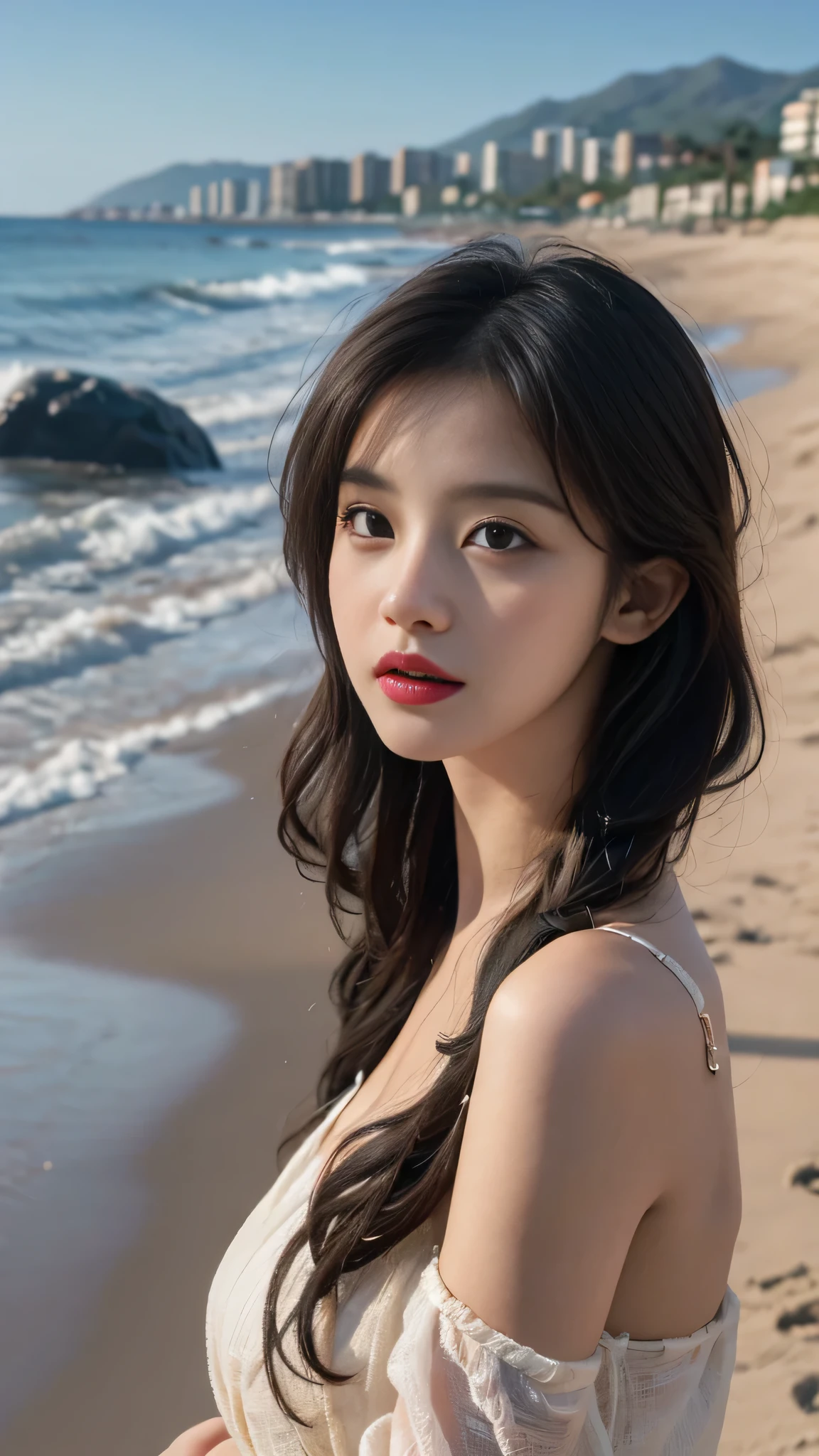 best quality, masterpiece, ultra high resolution, (actual:1.4), original photo, ultra high definition，8k，A perfect young female，High picture quality，Black hair，Long hair flowing over the shoulders，Beach wave hairstyle，Hydrated red lips，Real Human，CG rendering