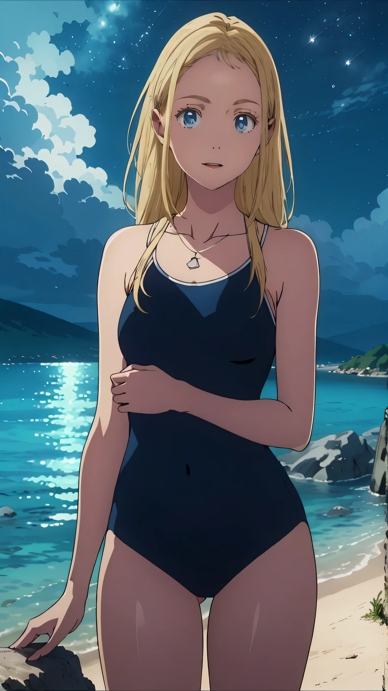 {{kofune ushio}}, {summertime render}, shining sky blue eyes, long blonde hair, , medium breasts, blue one-piece swimsuit, bare shoulders, bare legs, school swimsuit,shell pendant, 1girl, solo,very aesthetic, best quality, amazing quality,curated, illustration, highly detailed, anime coloring,Night sea background
BREAK
blue Hour, (Rim Light):1.2, Warm tones, Solar flare, Soft Shadows, Vibrant colors, Painterly effect, Dream-like atmosphere 
BREAK
Beautiful sea, Calm water, reflection, Clouds illuminated by the moon, Peaceful atmosphere, Beautiful starry sky, Super detailed, Official Art, unity 8k wallpaper , Tangled, Mandala,