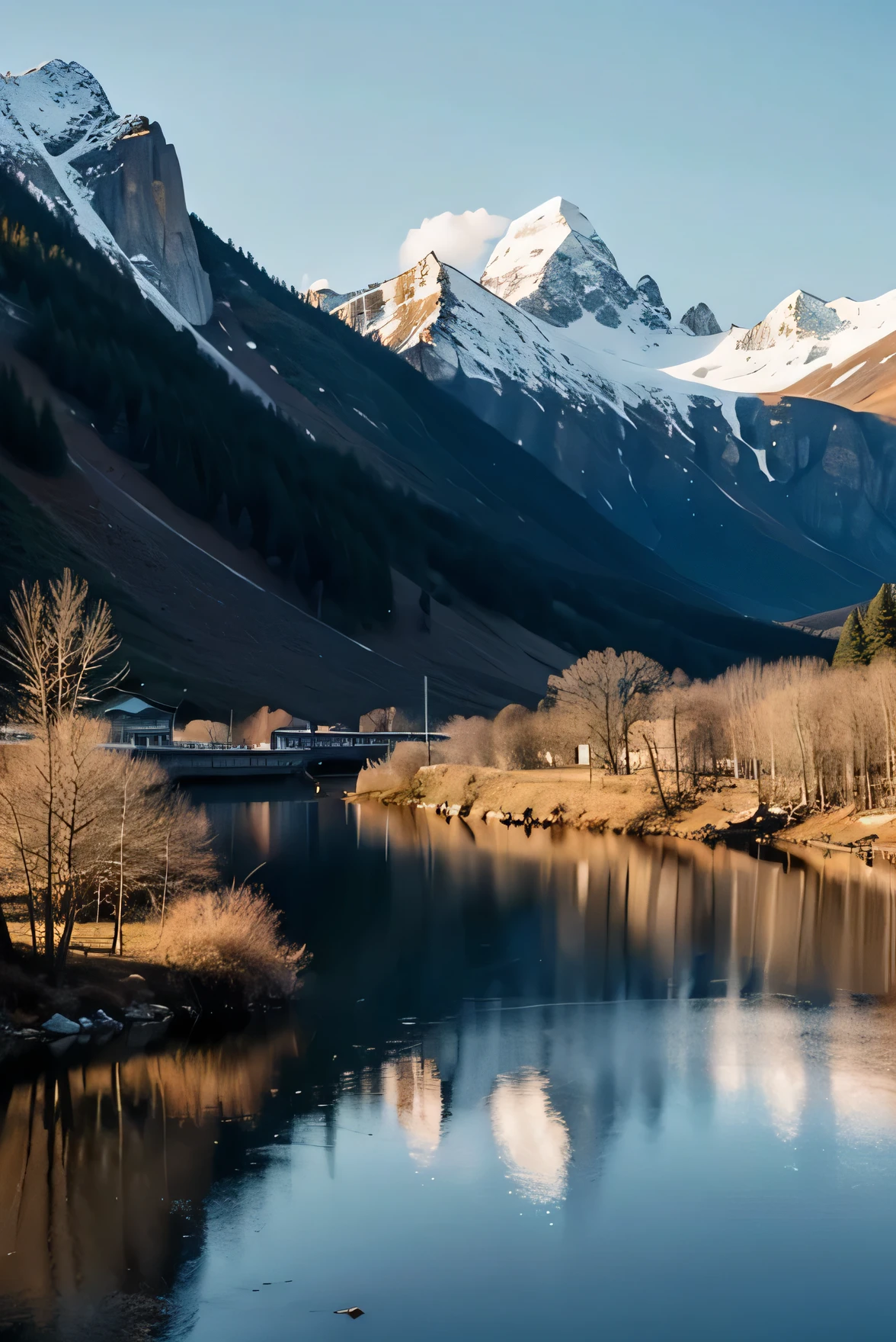 photography,masterpiece,Large freehand Chinese painting,Snow Mountain,grassland,lake,Small boat,Reflection,Ethereal,