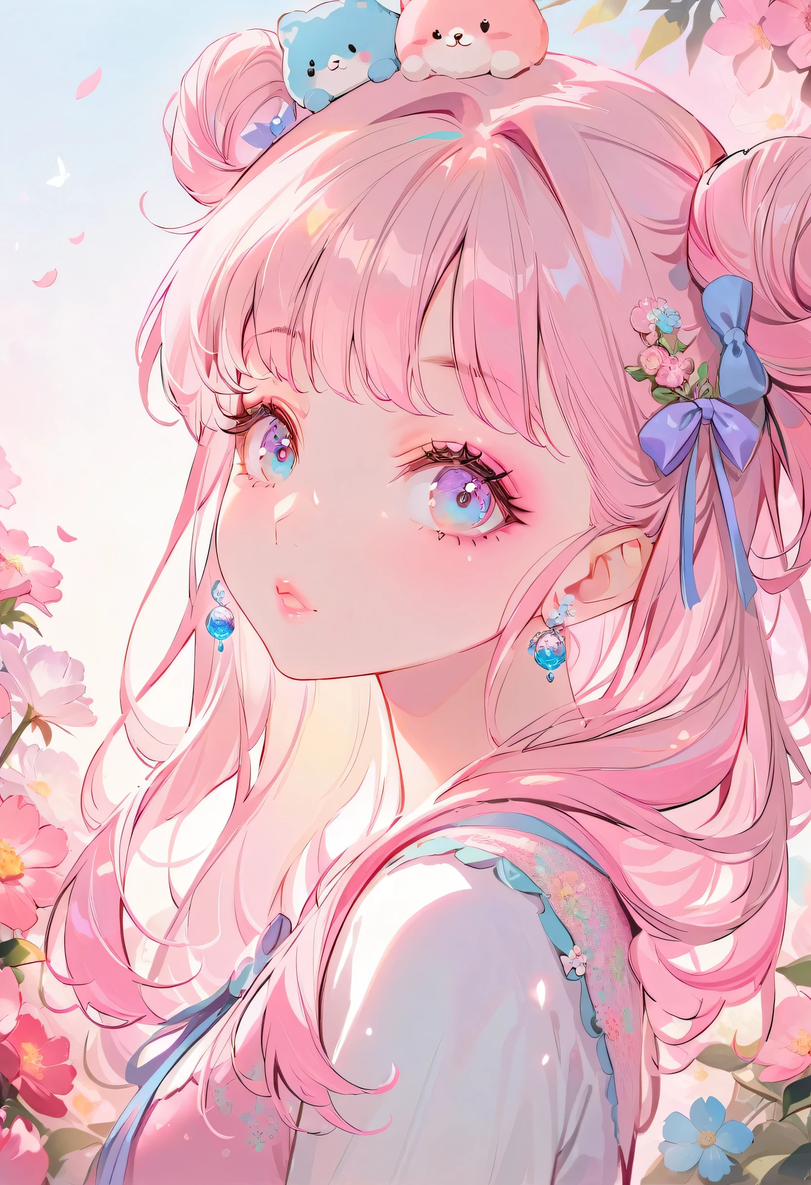 (best quality, highres),pink hair,bow on head,girl,beautiful detailed eyes,beautiful detailed lips,long eyelashes,soft facial features,flower garden background,vibrant colors,pleasant lighting,artistic rendering,(The cutest girl in the world:1.5)