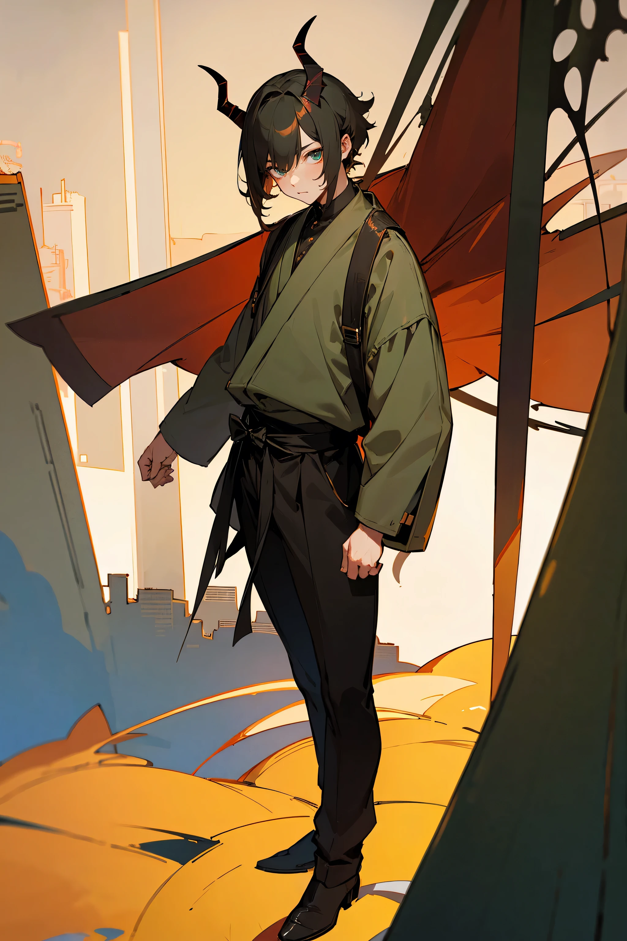 Masterpiece Quality, Perfect Generation, Detailed Eyes, , , short hair, , , , full body, shrine background, deep eyes, , , city background, eyes, skin, clothed, demons, horns, olive color, hime cut, evil, standing, mullet, male, guy, male, strong,