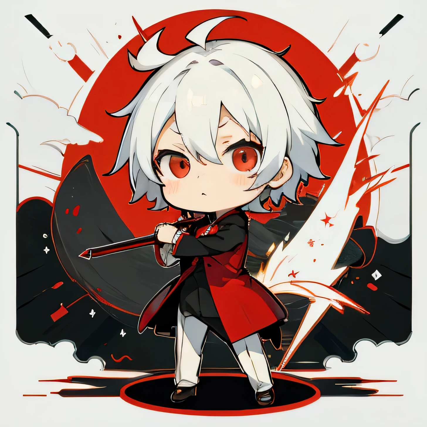 ((Art style)), ((chibi)), kaedara kazuha, neutral face, white hair with a little red in left up, facing to the screen, stand up straight, boy