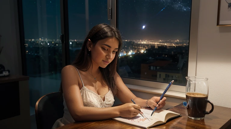 crie pra mim uma garota estudando com fone de ouvido bluetooth grande e olhando a tela do notebook, with a pencil, muito atenta olhando a tela do notebook, put a cup of coffee on the table, in the background in the window an image of a night city with the starry sky, vista lateral, This image will be cartoon type.