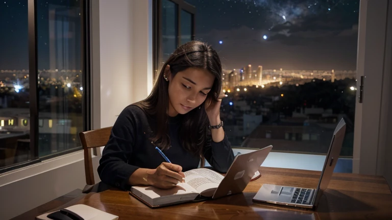 crie pra mim uma garota estudando com fone de ouvido bluetooth grande e olhando a tela do notebook, with a pencil, muito atenta olhando a tela do notebook, put a cup of coffee on the table, in the background in the window an image of a night city with the starry sky, vista lateral, This image will be cartoon type.