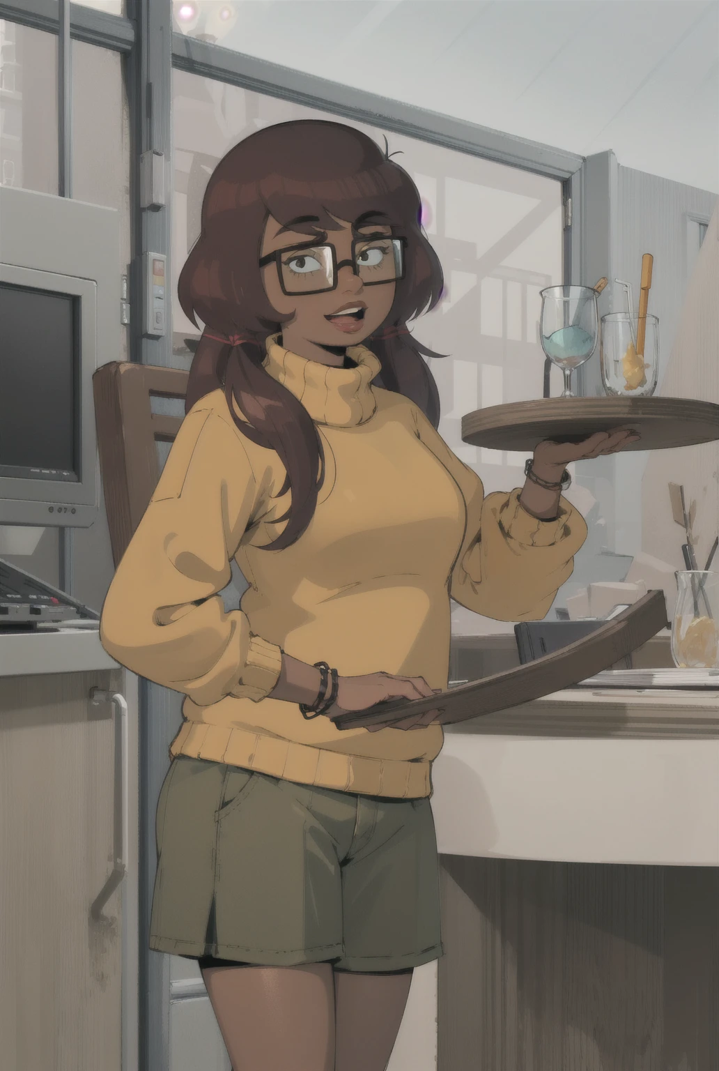 mkvd, 1girl, turtleneck sweater, sweater yellow, happy, looking at viewer, glasses,