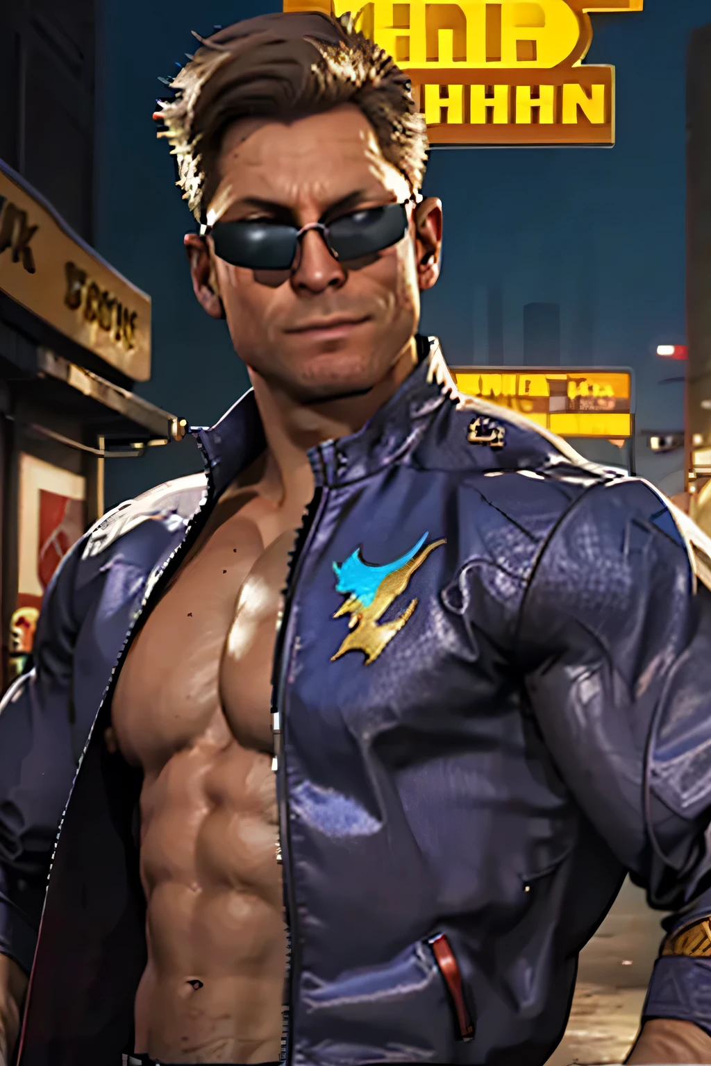 (Johnny Cage), cocky smirk, sunglasses, Mortal Kombat, Character Design, dynamic lighting, cool and bright colors, (blue jacket, shirtless,) black jeans, upper body shot