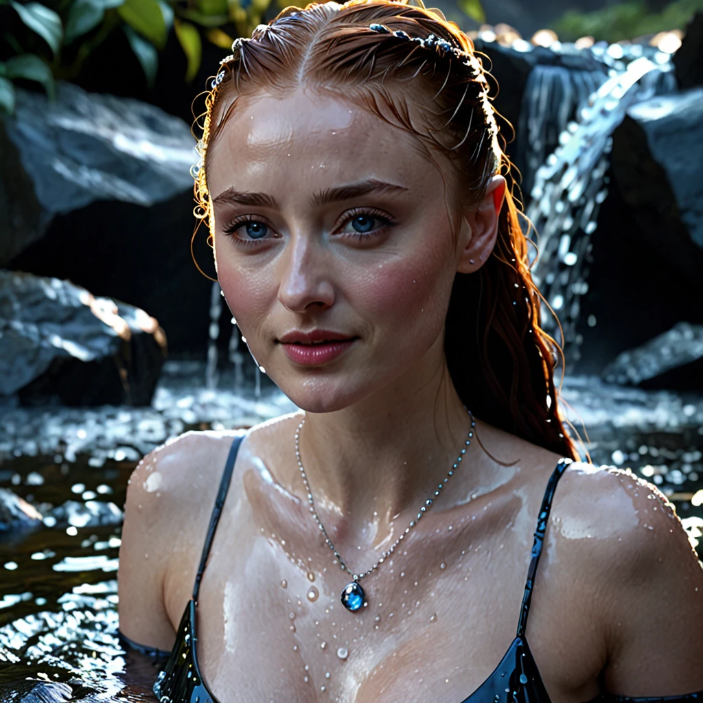 Night scene, close-up photo of naked Sansa Stark, small breasts, bathing near the waterfall, body soaked in water, lean cheeks, wet hair, chin up, seductive face, no bra, stones, pure water, cleavage show, water on the body, realistic pores on the body, look up at the sky and smile, black ponytail hair, (blue eyes: 0.8), beautiful adult face, 20 yo, soft volumetric lights, (backlit: 1.3), (cinematic: 1.3), intricate details, (ArtStation: 1.2)