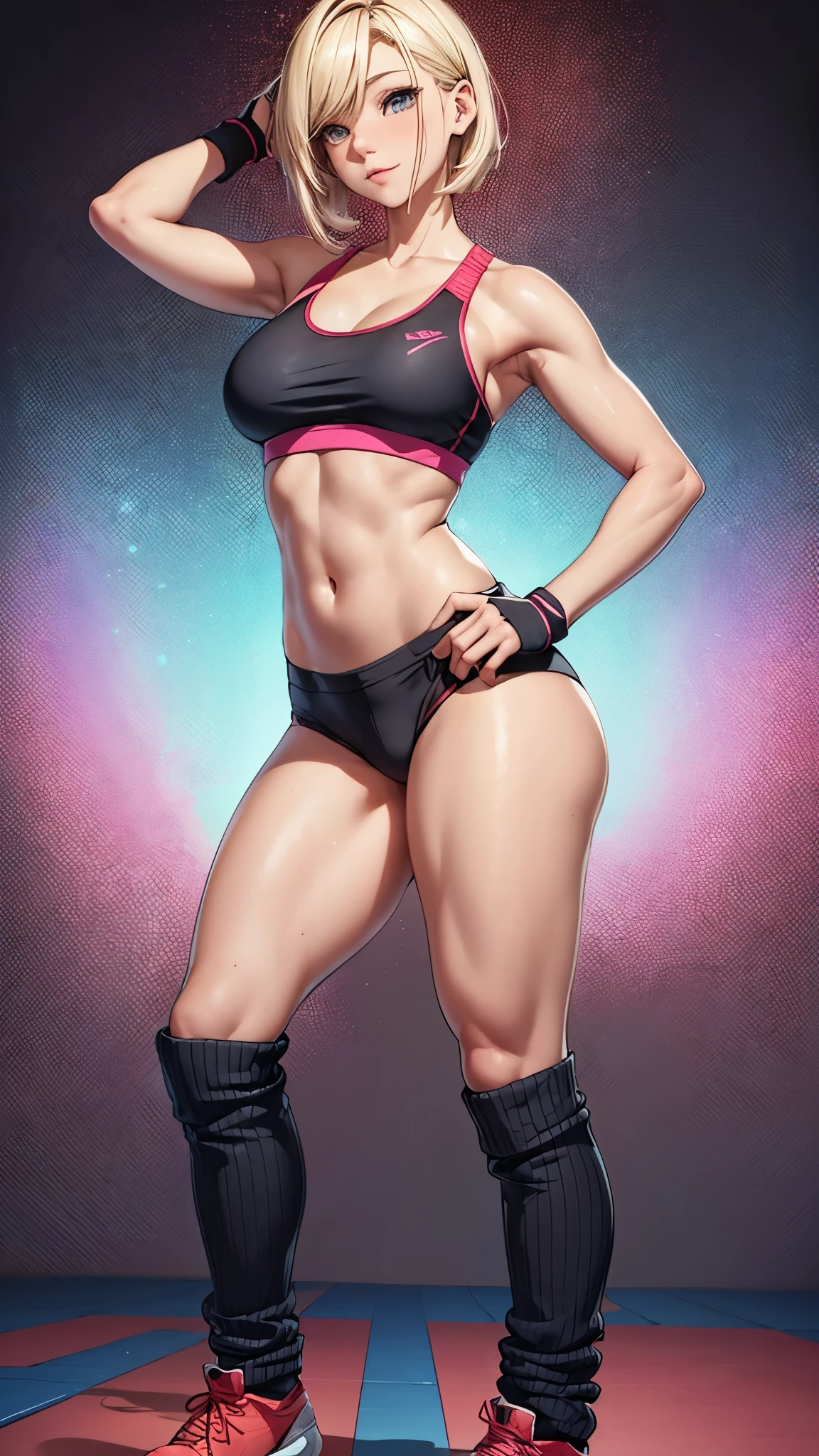 (plain background, 8k, best quality, masterpiece, realistic, photo-realistic:1.37) (full body height standing straight symmetrical contrapposto) (looking at viewer) 2legs apart (wide stance) ultra detailed, 1solo cute girl (beautiful detailed eyes) (smile:1.2) (closed mouth) view from below depth of field, good composition, WHITE SILVER bob hair, perfect knockers, suspenders, toned body, athletic, wide hips, thin waist, toned arms, exposed abdomen, abs toned, navel, big belly button belt ((red cheeks, red eyes, red tank top, red thong, red gloves gauntlets, red stockings thighs))