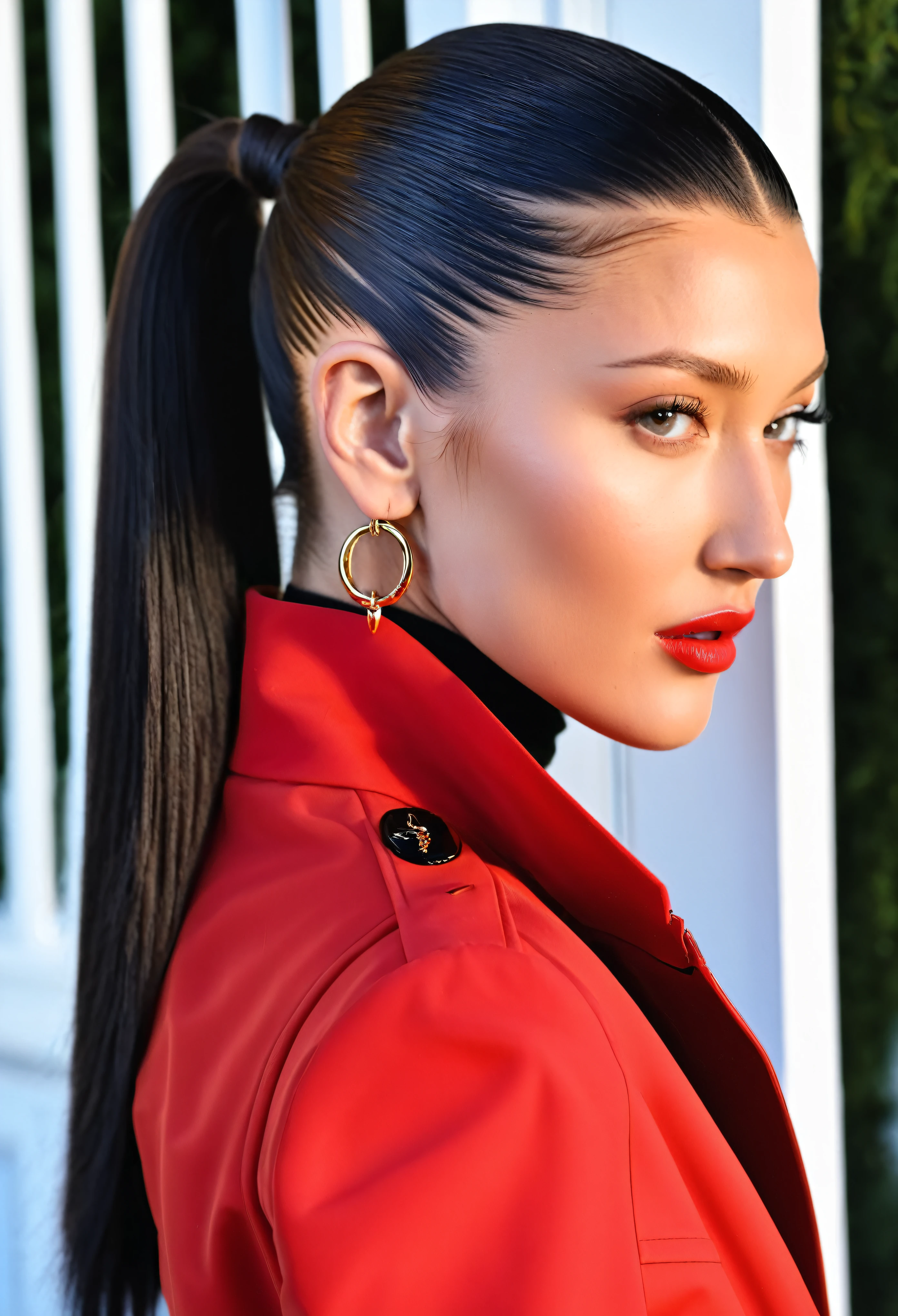 Close up portrait of long-haired woman in red jacket, bella hadid, Slicked back hair, Bella Porch, Smooth black hair, Straight Hairstyles, hair in slick low ponytail, high cheekbones, Portrait of Sophie Mudd, 後ろにSlicked back hair, Aleksandra Waliszewska, Great model, Beautiful cheekbones, Strong red shades