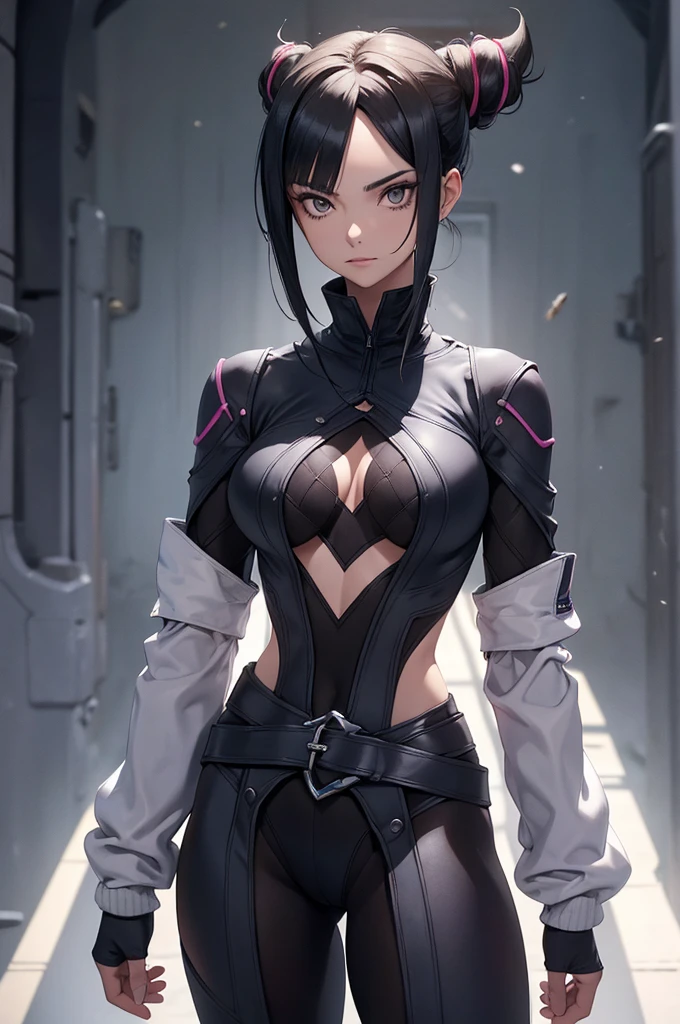 Obra de arte, melhor qualidade, agrias, gray sweater, collant preto, standing, olhando para o espectador, juri han,belas coxas,roupa azul,olhar penetrante,evil look,oculos no rosto,melhor qualidade,best quality,looking at viewer,jaqueta preta