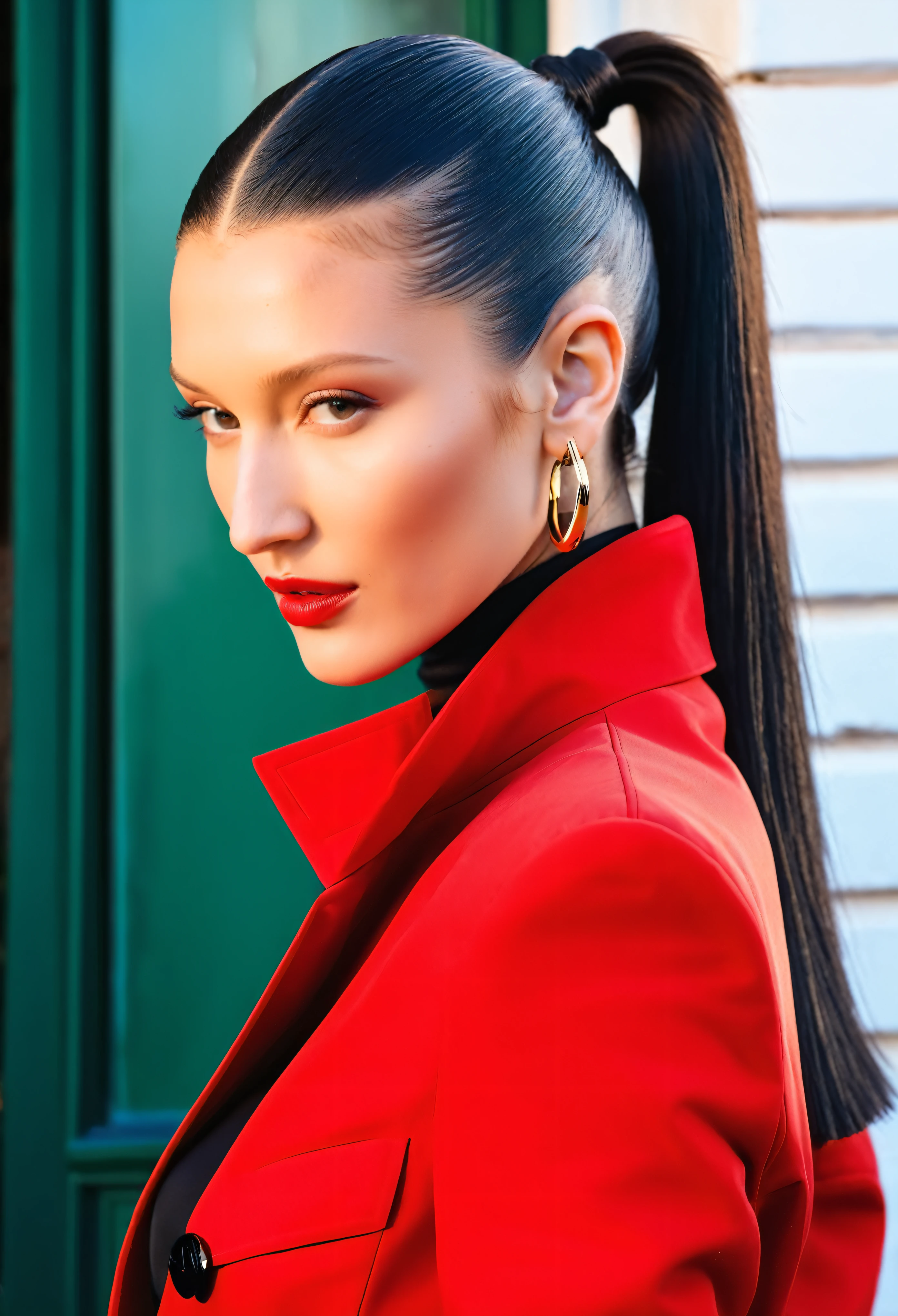 Close up portrait of long-haired woman in red jacket, bella hadid, Slicked back hair, Bella Porch, Smooth black hair, Straight Hairstyles, hair in slick low ponytail, high cheekbones, Portrait of Sophie Mudd, 後ろにSlicked back hair, Aleksandra Waliszewska, Great model, Beautiful cheekbones, Strong red shades