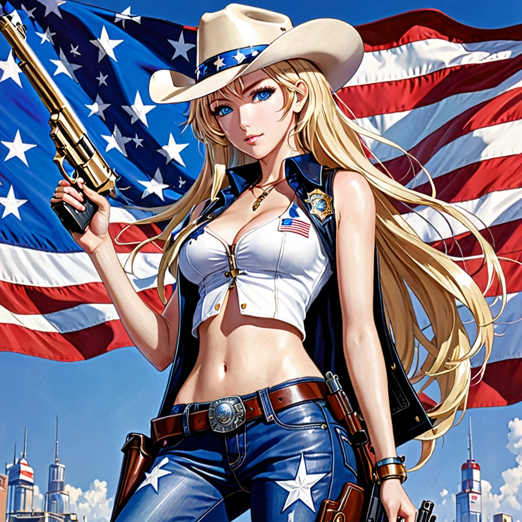1 girl, masterpiece, macross delta splash art, best quality, white tank top, midriff, short blue jeans, small breasts, cowboy hat, gun holster on hip, highly detailed gun, realistic gun, Colt Peacemaker in hand, gun aimed forward, sheriff badge, bullets on belt, brown leather duster, leather overcoat, detailed eyes, sparkling eyes, beautiful hands, highly detailed hands, straight hands, shiny skin, shiny hair, blue eyes, light blonde hair, tall, long hair, straight hair, full body, American flag