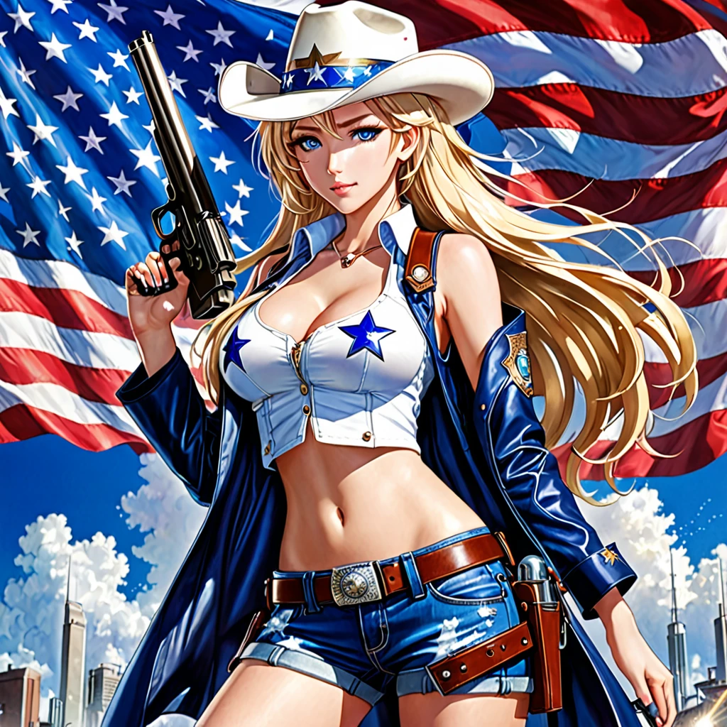1 girl, masterpiece, macross delta splash art,  best quality, white tank top, midriff, short blue jeans, small breasts, cowboy hat, gun holster on hip, highly detailed gun, realistic gun, Colt Peacemaker in hand, gun aimed forward, sheriff badge, bullets on belt, brown leather duster, leather overcoat, detailed eyes, sparkling eyes, beautiful hands, highly detailed hands, straight hands, shiny skin, shiny hair, blue eyes, light blonde hair, tall, long hair, straight hair, full body, American flag