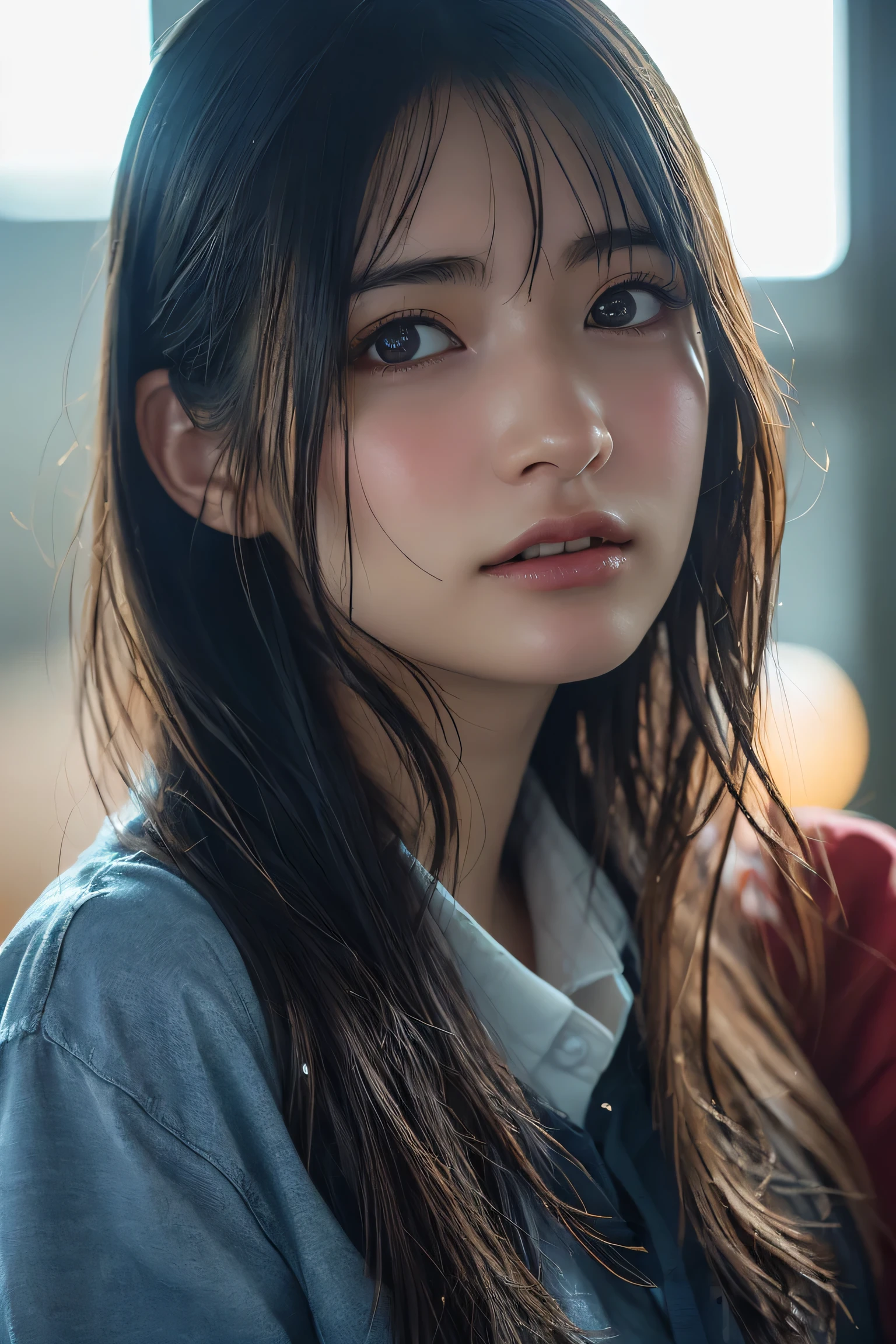 Dressed, (photo Realistic:1.4), (hyper Realistic:1.4), (Realistic:1.3),
(Smoother lighting:1.05), (Improving the lighting quality of movies:0.9), 32k,
One girl,20 year old girl, Realistic lighting, Backlight, Light on the face, Ray-tracing, (Bright light:1.2), (Improvement of quality:1.4),
(Highest quality real texture skins:1.4), Detailed drawn eyes, Detailed painted face,
(tired and sleepy and joy), (smile:0), Face close-up, T-Shirts,
(Enhance the mood of your body line:1.1), (Enhances the beauty of skin texture:1.1)