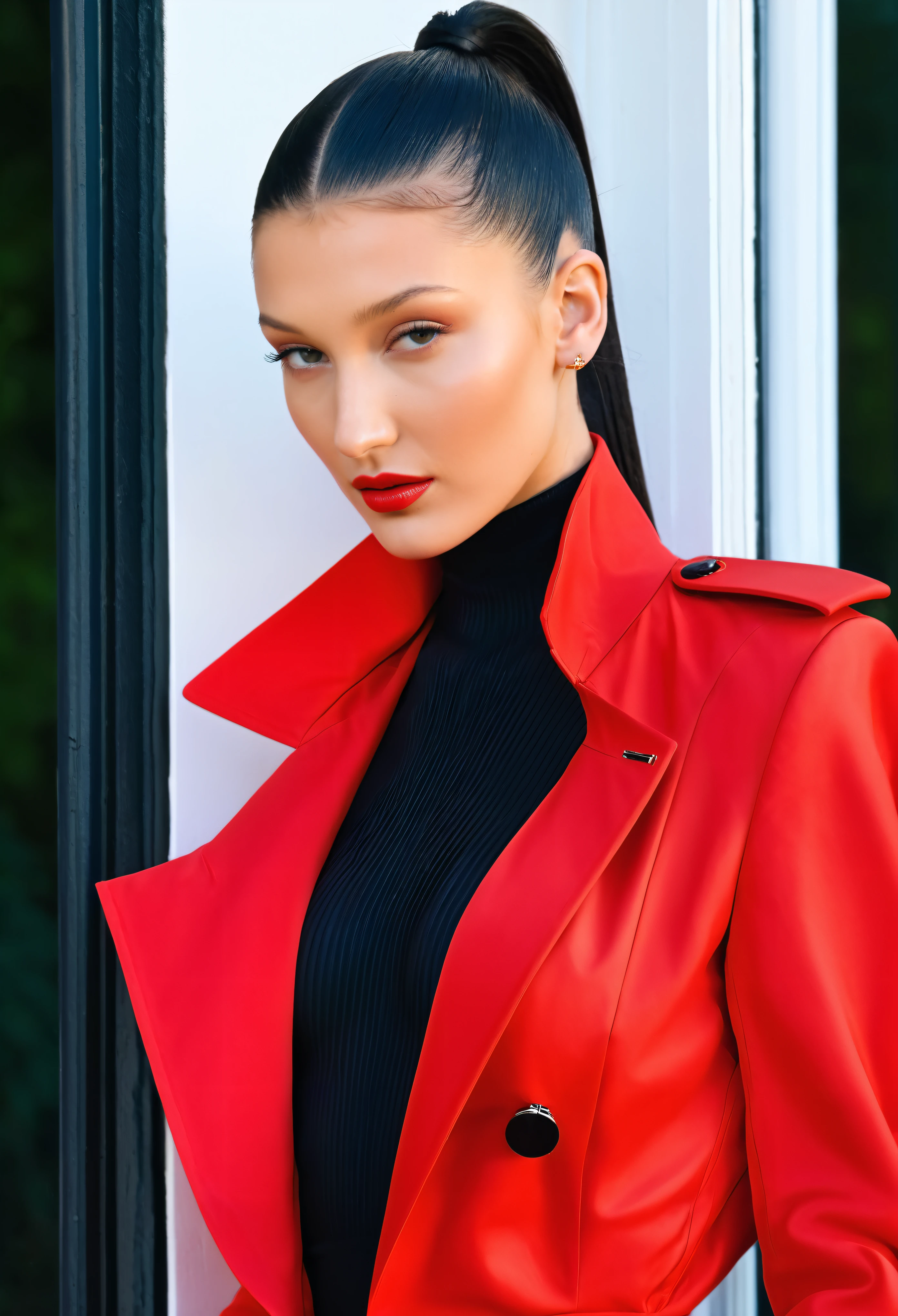 Close up portrait of long-haired woman in red jacket, bella hadid, Slicked back hair, Bella Porch, Smooth black hair, Straight Hairstyles, hair in slick low ponytail, high cheekbones, Portrait of Sophie Mudd, 後ろにSlicked back hair, Aleksandra Waliszewska, Great model, Beautiful cheekbones, Strong red shades