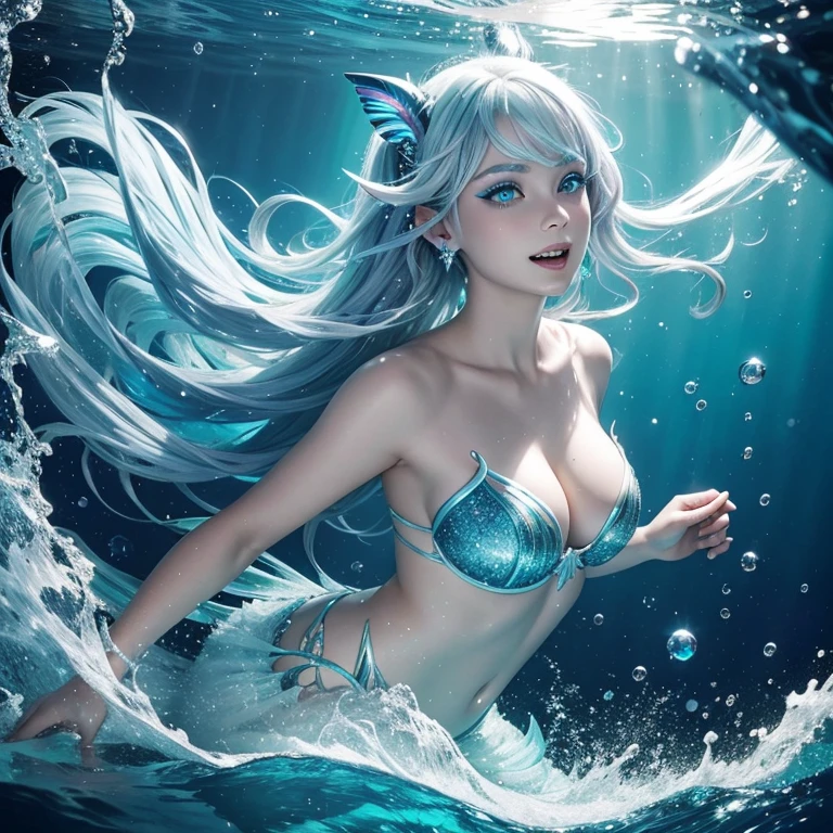 A beautiful siren with aurora rainbow silver hair, eyes full of blue and white sparkles, sparkling light blue fins on her ears, fangs, in the ocean.