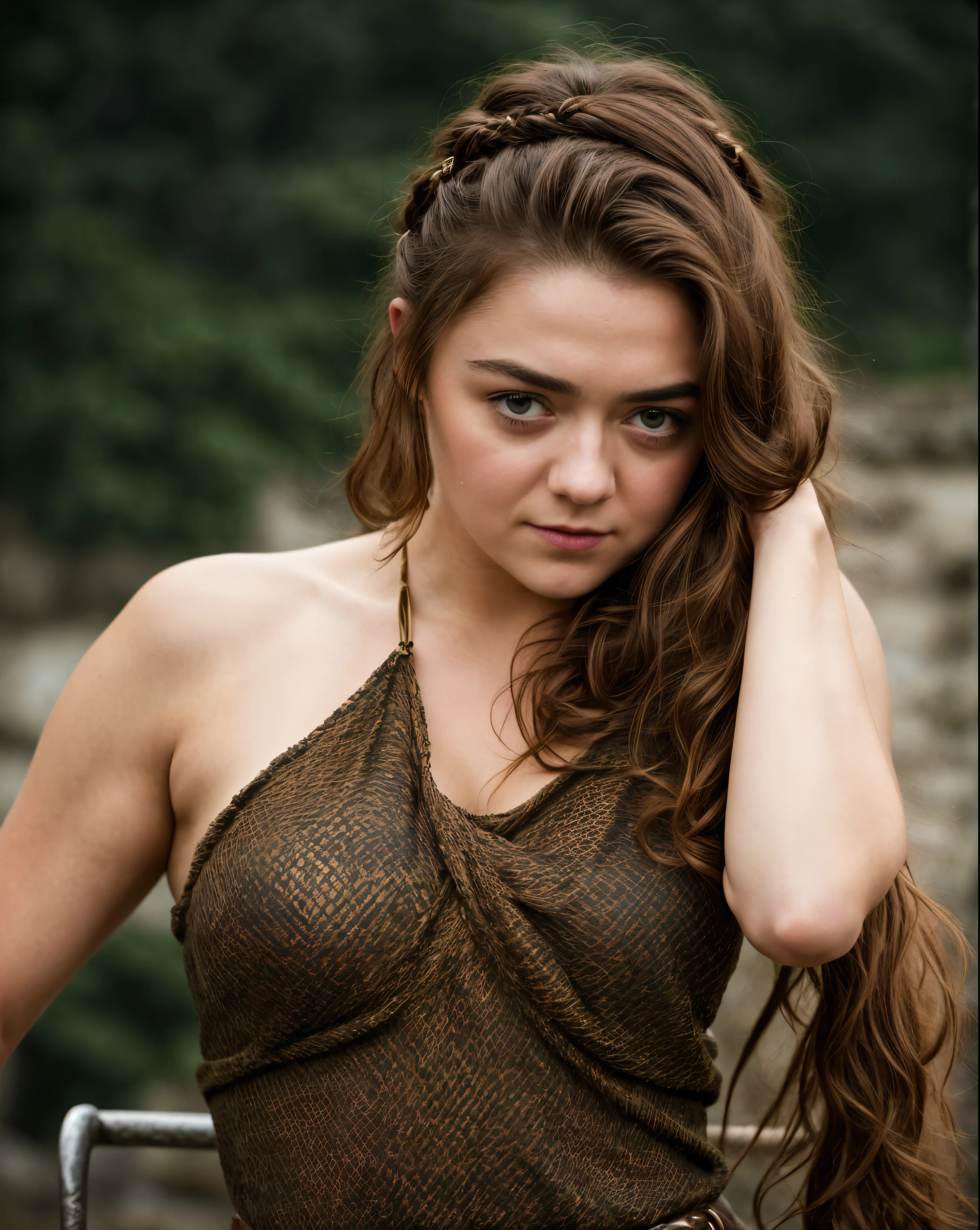 Foto RAW, Arya Stark, Stunning Beauty, Ravishing, Enchantress, Extremely gorgeous lady, Arya Stark PLAYED BY MAISIE WILLIAMS, Queen Arya Stark, she  a mature woman now, milf, sexy mediaeval battle dress, gladiator woman, body, 40 years old Woman, Roman slave dress, cotton dress, busty mediaeval costumes, body revealing costumes, perky breast, big natural breast, erotic costumes, lusty physique, seductive figure can capture every people's attention, Game of thrones costumes, revealing captivating figure, Mediaeval costumes, revealing clothes, A tomboy, she would rather fence than dance, warrior queen , game of thrones screen caps, Game of Thrones Series, (pele altamente detalhada: 1.2), 8k UHD, DSLR, soft-lighting, alta qualidade, grain of film, Fujifilm XT3, flawless picture, highly detailed, detailed Beauty, intricate, 32k, sharp picture,