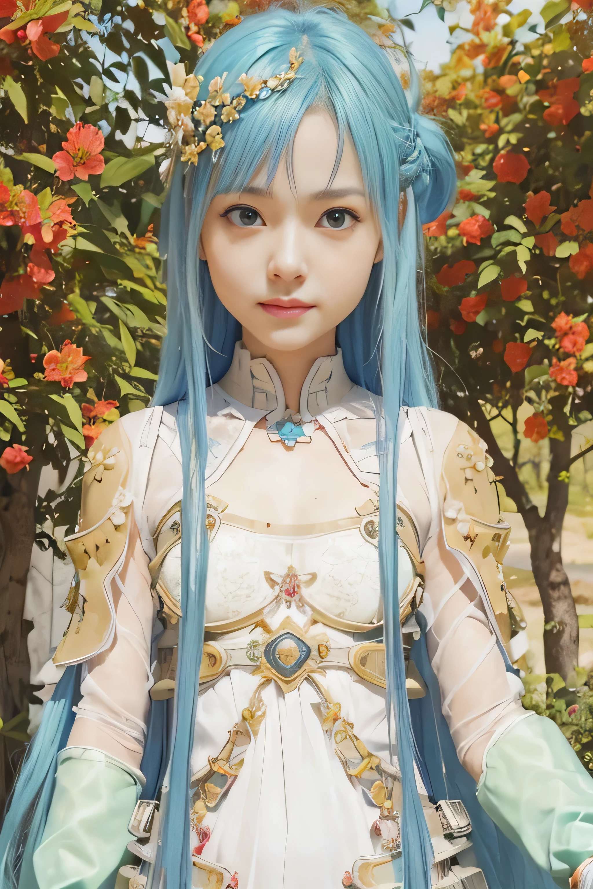masterpiece, best quality, (realistic,photo-realistic:1.4), (RAW photo:1.2), extremely detailed CG unity 8k wallpaper, delicate and beautiful, amazing,finely detail, official art, absurdres, incredibly absurdres, huge filesize, ultra-detailed,extremely detailed eyes and face,light on face,yuuki asuna,(little smile),(blue hair:1.4),(very long hair:1.6),(wearing armored dress :1.5),nature,(small breast:1.3),flower garden background,hair ornament