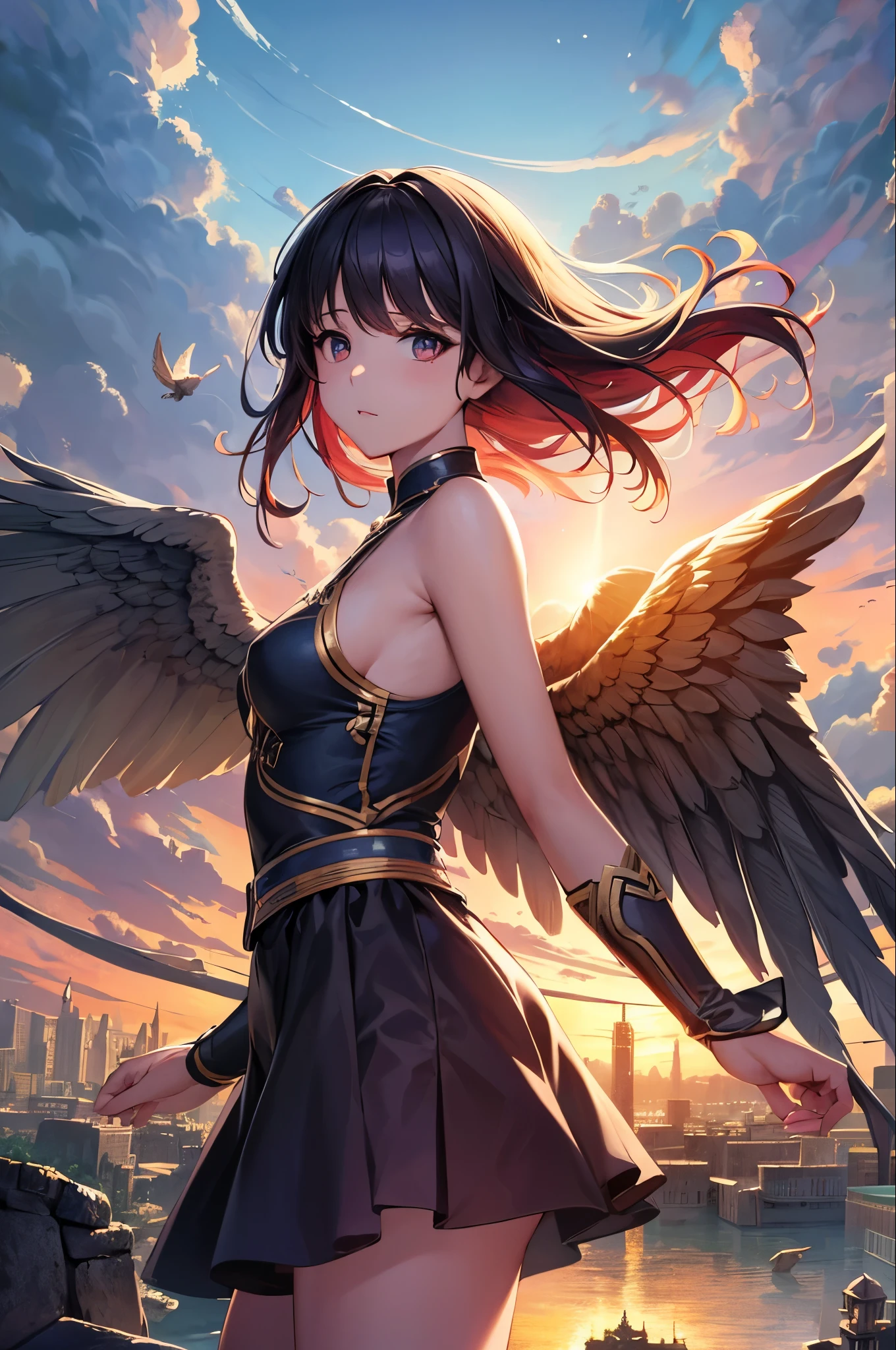 best quality, 8k , super fine illustration, extremely detailed CG ,masterpiece, beautiful anime style girl ,1 female、solo、 Medium Hair、 (floating hair) 、bangs、(Fallen angel woman)、wing、堕天使のwing、Scenery of the ancient capital、null、cloud、dusk、Diagonally below、Cowboy Shot、Watching viewer