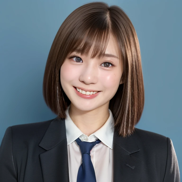 NSFW, (kawaii 24 year-old Japanese girl, Nogizaka idol, Korean idol), (glossy light brown hair, very short hair, bangs:1.3), (beautiful black eyes, rounded face, single eyelid, no makeup, splash laughing:1.3), (wearing suit jacket, collared shirt, necktie:1.3), (extra small breasts:0.9), BREAK, (simple blue background:1.3), (view from forward, bust shot, id photo:1.3), BREAK, (masterpiece, best quality, photo realistic, official art:1.4), (UHD, 8K quality wallpaper, high resolution, raw photo, golden ratio:1.3), (shiny skin), professional lighting, physically based rendering, award winning, (highly detailed skin, extremely detailed face and eyes), Carl Zeiss 85 mm F/1.4, depth of field, (1girl, solo:1.3),