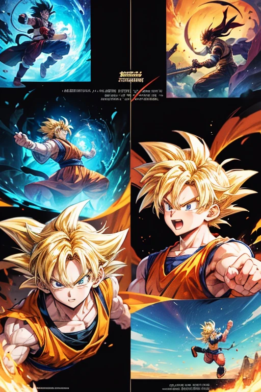 Illustrated cartoon Dragon Ball Goku and Dar manga series in vibrant and creative irregular slanted manga grid. Each grid contains an independent storyline, Start from the upper left corner,End at the lower right corner. Grids sometimes overlap or are placed diagonally to add visual tension. in some key plots, The character will jump out of the screen,Enhance the dynamics of the story. For example, The protagonist may jump from one grid to another while escaping, or in a battle scene, Actions may extend beyond the bounds of the grid. The background and situation of each grid gradually changes according to the development of the story., From city chase to secret base infiltration, and eventually move towards. Distinctive overall style, Bright colors,Rich expressions and movements. Leave conversation blank,Fill it out later,Let the audience imagine what the conversation would be like