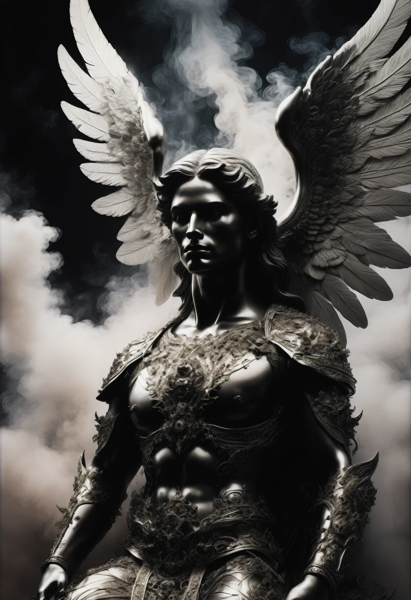 best quality, ultra-detailed, black and white, monochrome, contrasting shades, high contrast, grayscale, aesthetic, A full body photograph portrait of an angel and demon facing off; a cosmic divine angel on the left, a dark fiery devil on the right, mist intensity, gold and white cumulonimbus smoke intertwined with black and red cumulonimbus smoke, intense clouding, ink smoke, fantasy, Etheral, breathtaking intricate details, realistic and lifelike 3DHR perfect render, dramatic bright natural lighting, bokeh depth of field