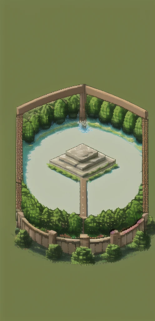(masterpiece, top quality, best quality), pixel,pixel art, tree, outdoors, no humans, grass, scenery, day, flower, bush, pond, cloud, rock, nature, buliding, fence, clay pot, wooden house,