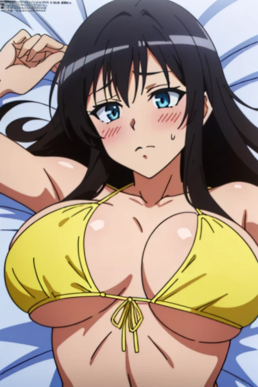 (missionary, pov:1.5), (masutepiece, Best Quality, High resolution, anime colours, megami magazine:1.2, anime poster style, anime keyvisual, sharp, 8k, photorealistic), missionary, pov, 1girl, (beautiful eyes:1.5, beautiful face), Kotegawa Yui, solo, Cute, blush, (Long Black Hair), (huge breasts:1.2), (yellow Bikini:1.2), (lying, on back, lie on bed:1.5), (upper body:1.5), spread legs, (Perfect detailed Anatomy, beautiful detailed hair, perfect detailed body:1.2, shiny skin), (thick outline, Beautiful outlines, black outlines), simple background, (bouncing breasts, unaligned breasts, motion, motion blur)