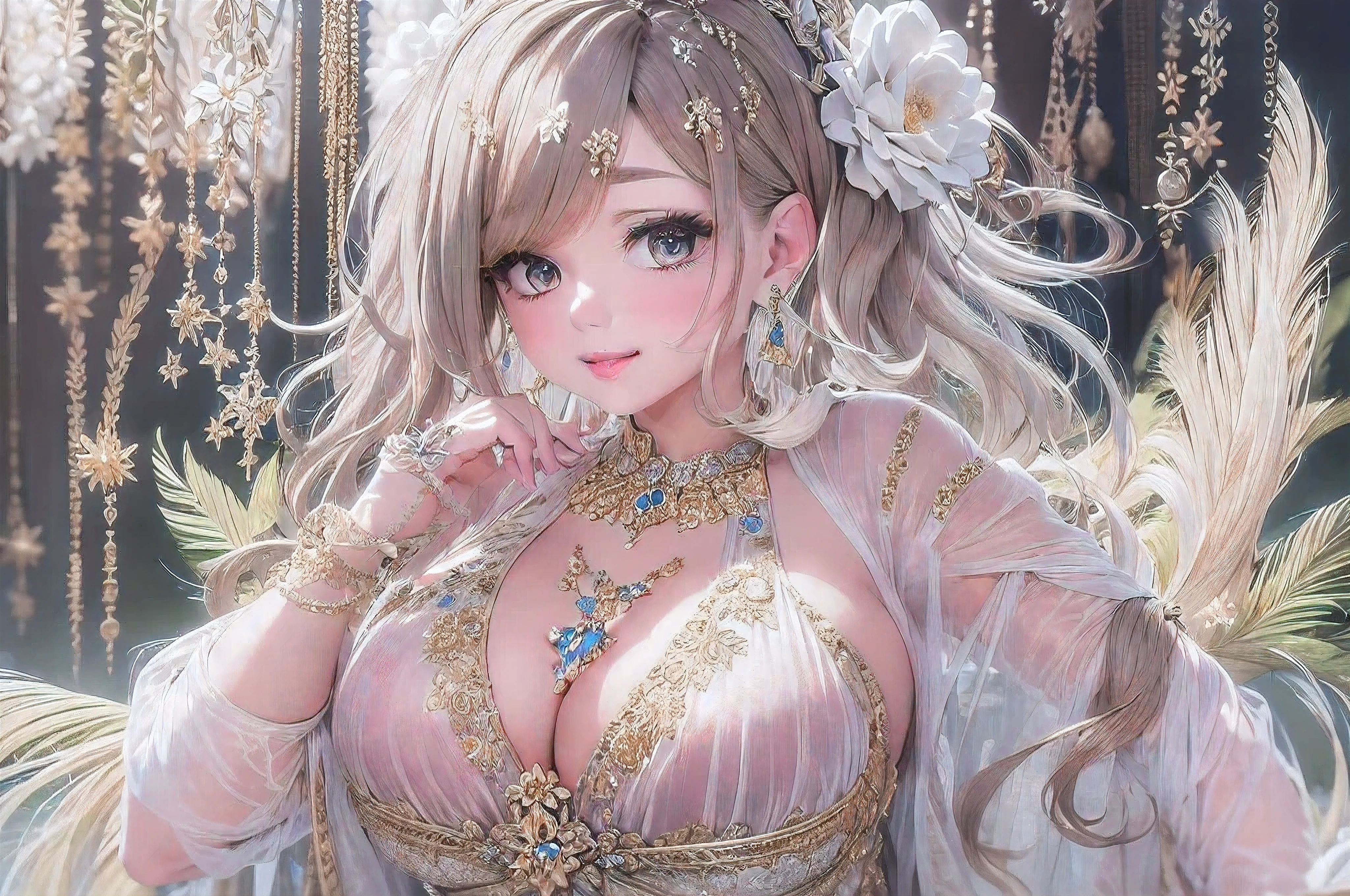 50 year old mature woman, Looking at the audience, Attractive breasts,Sensual curves、bubble、Full Body Shot,Nightgown, Charming smile, Thick lips, Plump Lip, blush, Looking at the audience, Provocative expression, Beautiful Hairstyles, Cleavage, plump、Curvy Hips、Attractive face、Mischievous face、Sexy Lingerie、An inviting gaze、Expressing emotions、colored feather, Money Decoration, particle, Light, (masterpiece, highest quality, highest quality, Official Art, beautifully、aesthetic:1.2), (1 girl:1.3), Very detailed,(Fractal Art:1.1),(colorful:1.1)(Flowers:1.3),Most detailed, (Dynamic pose), (Shiny skin), (Many colors :1.4), ,(Earrings:1.4), (feather:1.4),masterpiece, 30~40 years, Mr.々Hair style,Money Headband,Tulle covers the chest,Perfect balance, Detailed details of the garment,marble,cinematicLighting, Film Grain, contrast of Light and dark,High detail,(((Gorgeous Accessories))))、Openwork decoration,(((See-through dress)))、(((Anatomically correct body))) ,1 girl, (High resolution), (8k), (Very detailed), Perfect Face, Beautiful eyes and face, (((highest quality))), (Very detailed), Detailed face and eyes, Beautiful Eyes,(((Sexy pose,Beautiful Eyes、Transparent double eyelids、(((Super gorgeous background)))、Bright Eyes,Money,diamond,gem,Body Chain,Luxury Accessories,beautifully、aesthetic,flower、(((Super gorgeous background)))、Bright Eyes