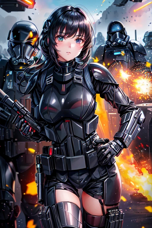 a teen girl in a black suit holding a gun and a gun, mechanized soldier girl, an imperial agent from star wars, girl in Deathtrooper armor, covered in armor, star wars anime girl mech, dressed in tactical armor, wearing techwear and armor, female mecha, highly detailed exquisite fanart, clothed in sci-fi military armor teen girl, star wars Deathtrooper, big thighs sexy teen, without helmet