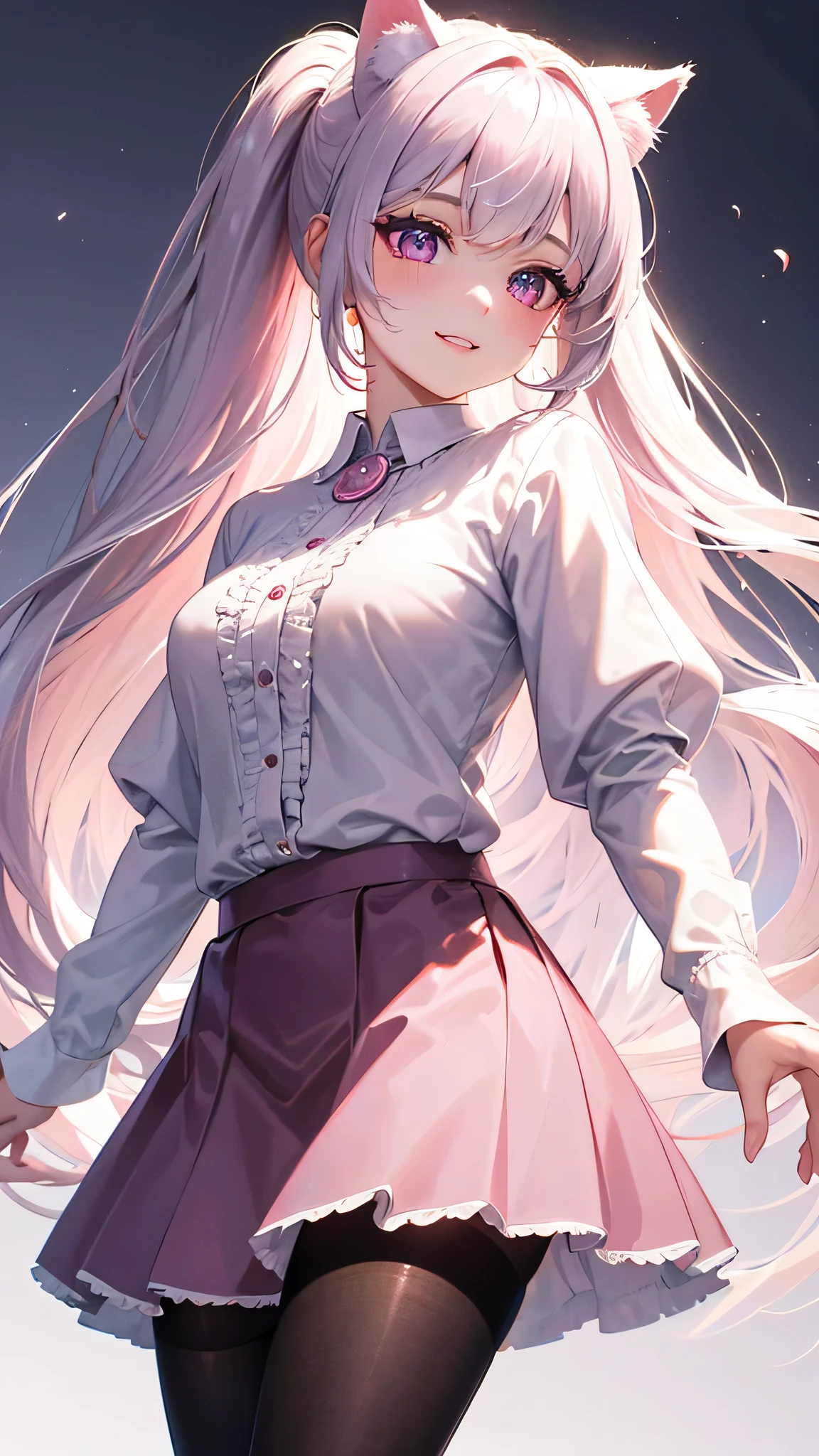 masterpiece,highest quality,Highly detailed face,fine grain,ponytail,Waterfront,bubble,Sparkling eyes,Highlighted eyes,Center of chest,pretty girl,smile,Cat ear,Beautiful silver hair,Pink inside,Beautiful pink eyes,Oversized shirt、skirt、black tights

