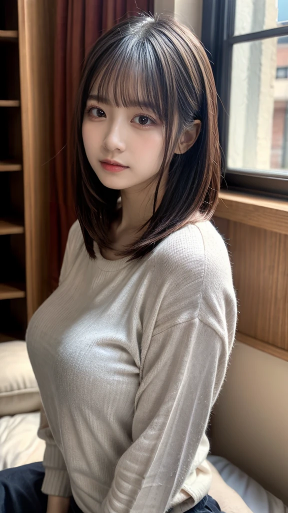 masterpiece, Best Quality, 8K, 20 yo, huge breasts, cuddly, Solo, sad, Cute, Girly, Delicate girl, Neat and clean beauty, Raw photo, Professional Photography, Portrait, Soft light, Professional Lighting, Back lighting, Upper body, front view, Sophisticated, Film grain, (Eyes and faces with detailed:1.0), short length floating hair, beautiful flowing hair, bangs, Thermal Lounge Shirt, living room