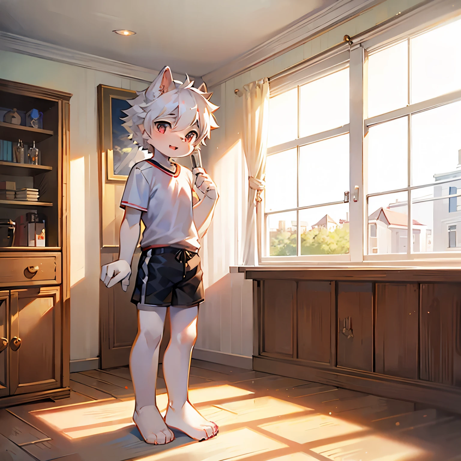 Maltese dog boy,Furry people,Cute appearance,short and small,Characteristics of a two-year-old boy,Wear short sleeves in summer,Standing,Indoor bright background