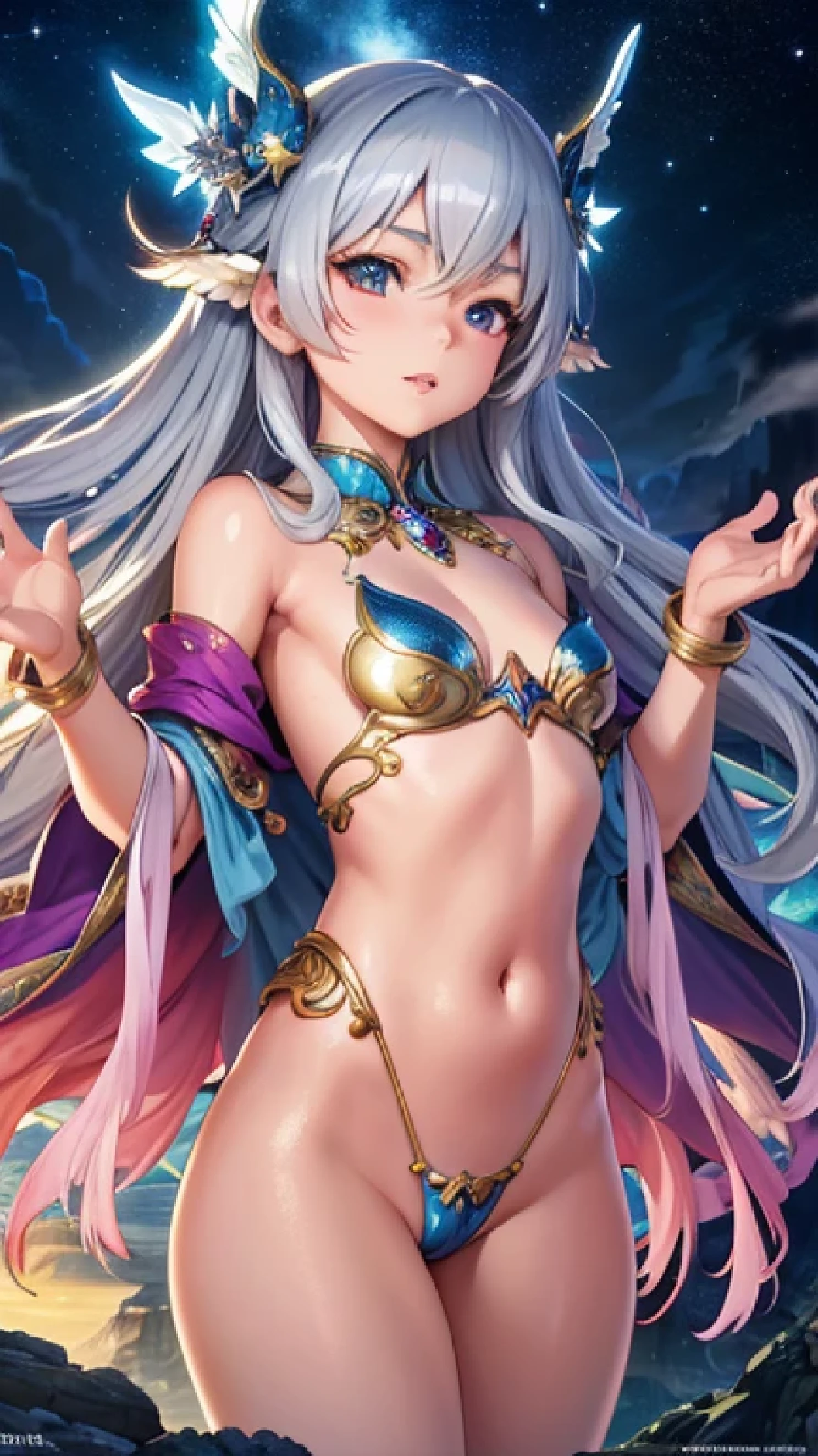 fantasy art, beautiful kawaii woman, silver wavy hair, luscious lips, wet glossy skin, seductive pose, slender, wearing latex, ornate accessories, small blue cape, dragon ornaments, volumetric lighting, starry sky, realistic 3D digital
art, realistic, best quality, nebula in the sky, dramatic lighting, blurred
background, volumetric clouds, bangles, mysterious ancient ruin, lush forests,
deep canyons, cloud, perfect composition, intricate, sharp focus,
dramatic, highly detailed, high quality, masterpiece, 16k resolution, hdr