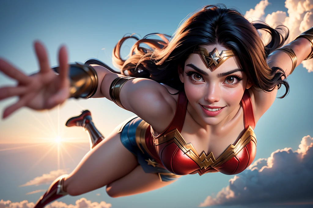 Wonder woman, realism style, Glowing skin, solo, Wonder woman, big light brown eyes, medium breasts, Cartoon hero, Natural light, Defined lips, Strong physical strength, Feminine body,  cropped legs, , flies into the clouds, front view, (Smile:1.1), background should be epic, stunning background, realistic colors, front view, light coming from the right,  (((looking in camera))), Camera orientation, (flying Pose:1.5)), 8K image quality, Masterpiece