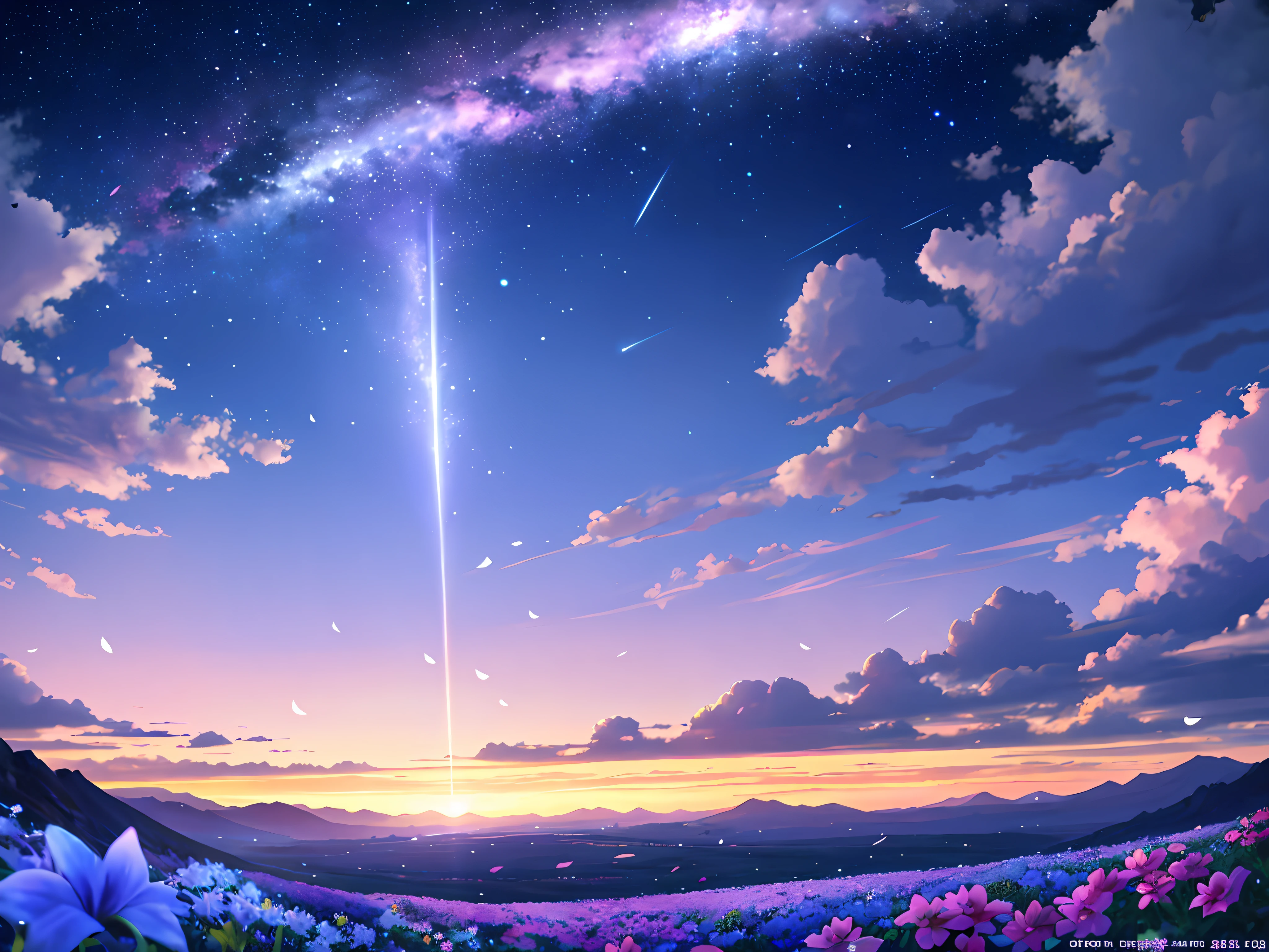 paysage, Dreamer, bleu, violet, Anime paysage, fond d'animated screen, fleurs, ciel, View of shooting stars, paysage Background, (Nuit: 1.2), (Cinema lighting)), (Dramatic lighting)), Intricate details, lentille bonjour, Petals