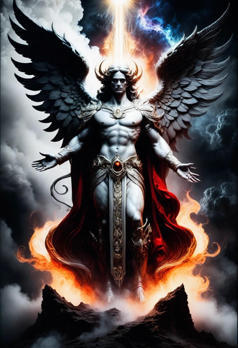 best quality, ultra-detailed, black and white, monochrome, contrasting shades, high contrast, grayscale, aesthetic, A full body photograph portrait of an angel and demon facing off; a cosmic divine angel on the left, a dark fiery devil on the right, mist intensity, gold and white cumulonimbus smoke intertwined with black and red cumulonimbus smoke, intense clouding, ink smoke, fantasy, Etheral, breathtaking intricate details, realistic and lifelike 3DHR perfect render, dramatic bright natural lighting, bokeh depth of field