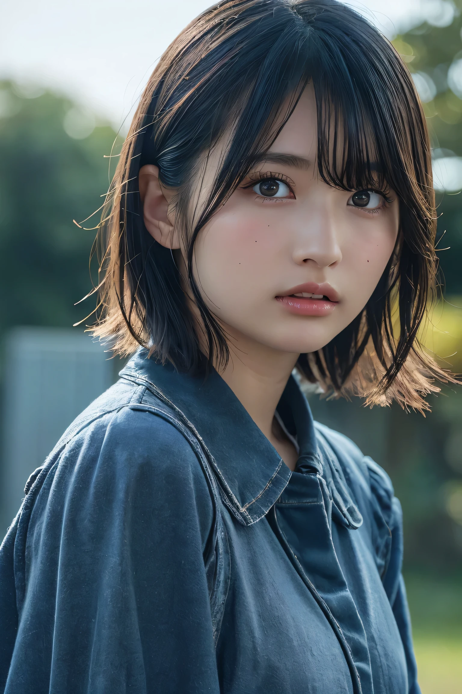 , long windblown [blue-black:.3] hair,looking at viewer, (masterpiece:1.3), (8k, photorealistic, RAW photo, best quality: 1.4), japanese, (1girl), beautiful face, (realistic face), (black hair, short hair:1.3), beautiful hairstyle, realistic eyes, beautiful detailed eyes, (realistic skin), beautiful skin, attractive, ultra high res, ultra realistic, highly detailed, golden ratio,