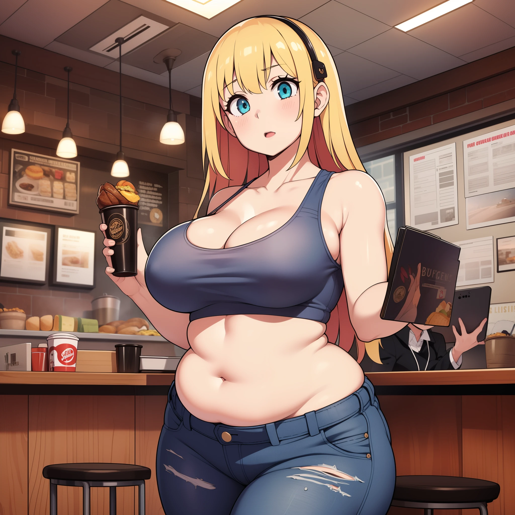 ((highres)), Masterpiece, high quality, best quality, beautiful, perfect lighting, detailed face, ultra cute face, (((2girls))), one girl has blonde hair, blue eyes, crop top and shorts skindentation, one girl has brown hair, green eyes, jeans, white shirt, tight clothes, one girl has, full body, fast food restaurant, cleavage, medium breasts, ((wide hips)), ((thick thighs)), ((plump)), chubby belly, fat folds, belly hang, standing, touching each other,