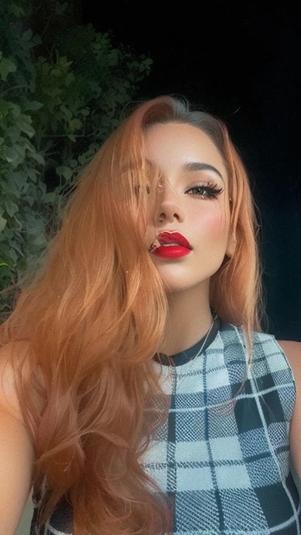 arafed woman with Red lipstick and plaid dress posing for a picture, com cabelo ruivo, thick Red lips, taken at the beginning of 2020, imagem de perfil, Red lips, com longos cabelos ruivos, faint Red lips, sexy Red lips, ela tem cabelo longo redoranjado, big Red lips, light-Red lips, Retrato de Jossi do Blackpink