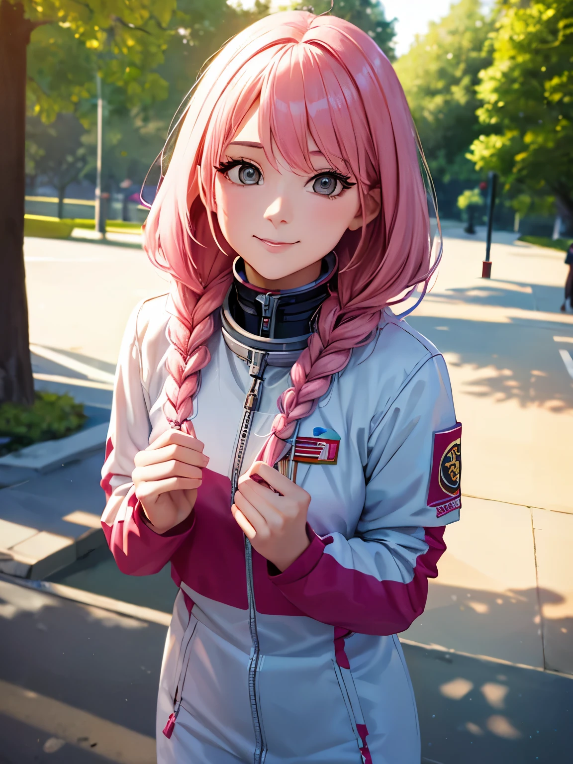 1 adult woman,29 years old,Pink hair,standing,Astronaut uniform , half body,close up photo, Hair in one braid,bangs,grey eyes,smile,In the park