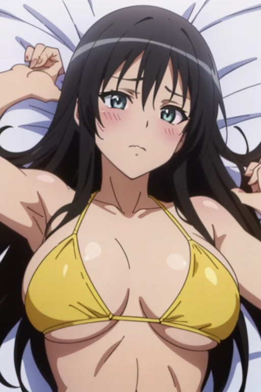 (missionary, pov:1.5), (masutepiece, Best Quality, High resolution, anime colours, megami magazine:1.2, anime poster style, anime keyvisual, sharp, 8k, photorealistic), missionary, pov, 1girl, (beautiful eyes:1.5, beautiful face), Kotegawa Yui, solo, Cute, blush, (Long Black Hair), (soft large breasts:1.2), (yellow Bikini:1.2), (lying, on back, lie on bed:1.5), (upper body:1.5), spread legs, (Perfect detailed Anatomy, beautiful detailed hair, perfect detailed body:1.2, shiny skin), (thick outline, Beautiful outlines, black outlines), simple background, (bouncing breasts, unaligned breasts, motion, motion blur)