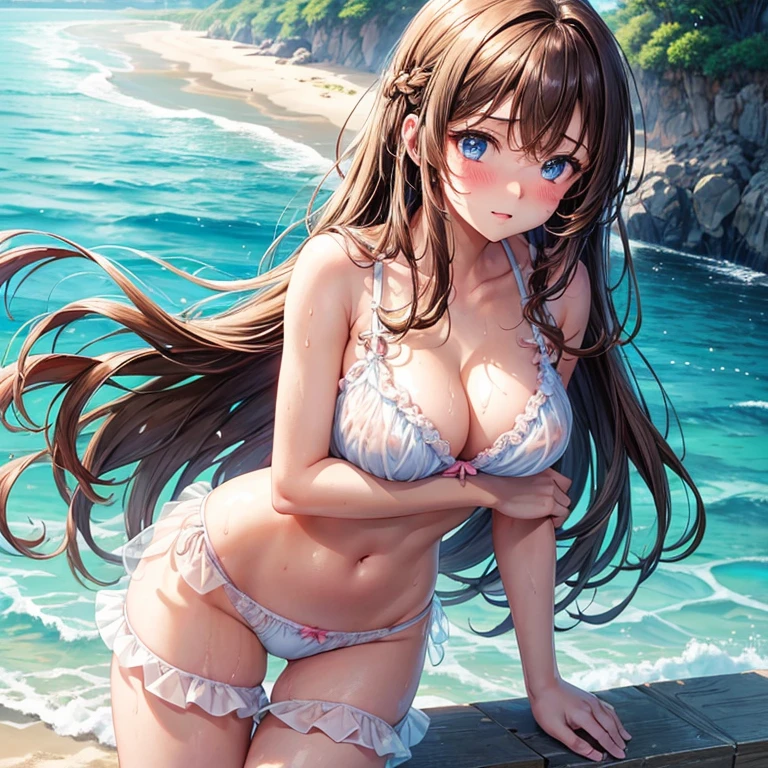 ultra-detailed,(masterpiece:1.2) , (best quality:1.2) , (ultra-detailed:1.2), 2.5D,extremely detailed, girl,masterpiece, best quality, extremely detailed, anime,dark brown hair,medium hair, hairpin,BREAK,blue eyes,BREAK,beach,everlasting summer,bikini,smile,:d,Action,ass focus, fingering buttcrack