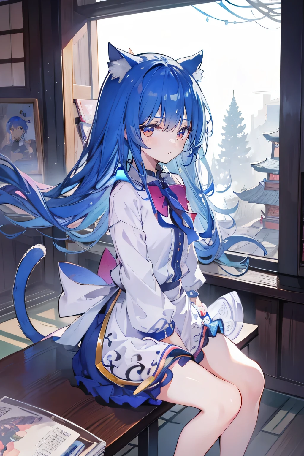 （masterpiece：1.2），Super detailed，lifelike，Expressive eyes，fair skin，perfect face shape，1 girl，
Japanese comics,Gorgeous blue hair,flowing blue hair,flowing clothes,Cat ears,Petals fall,beautiful lola,Baby Angel,
Cross your legs，Gentle and peaceful background，The pavilion is cool and comfortable, wearing hoodie, background of tokyo,back views,snowing, winter.